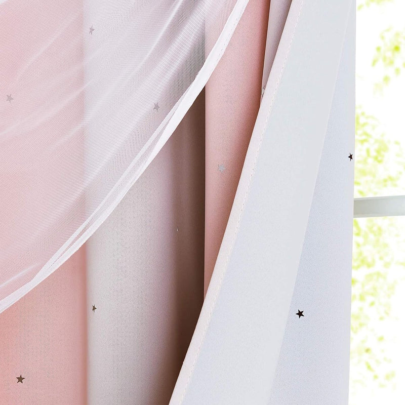erduisteringsgordijnen voor kinderkamer, 2-delige set, 240 x 132 cm, gordijnen voor kinderkamer voor meisjes, dubbellaags gordijn met holle sterren en voile gordijn met inslagringen, roze