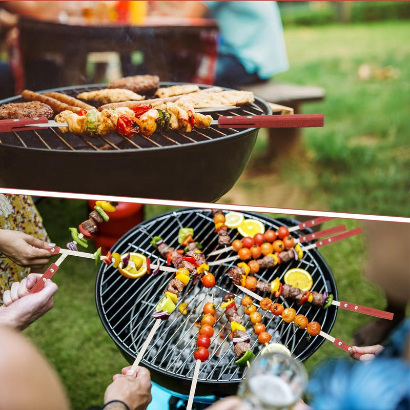 Barbecuespiesjes, roestvrij staal 40 cm, shish kebabspiesjes, roestvrij staal, platte vleesspiesjes, herbruikbaar, lange kebabspiesjes met houten handvat voor vlees, groenten, vleesspiesjes, barbecue