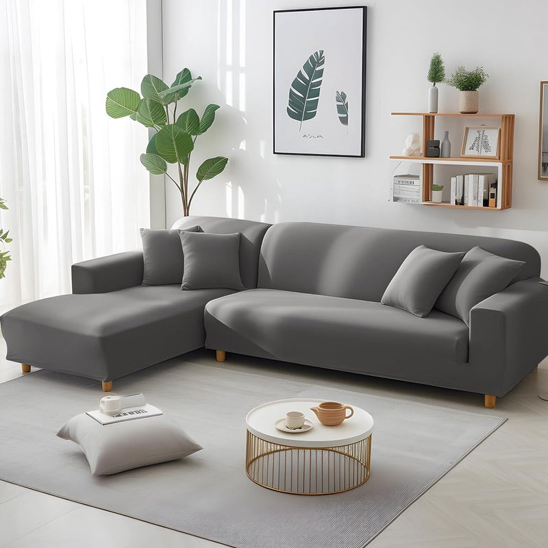 Bankhoes, hoekbank, L-vorm, stretch, bankovertrek, universele bankovertrek voor 1/2/3/4-zits, 4-zits, grijs (Lvormige hoekbank vereist twee stuks)