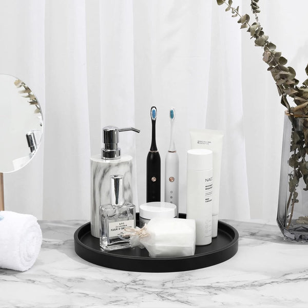 Rond dienblad, marmeren dienblad van hars, decoratief dienblad voor de badkamer, make-up cosmetische organisator, opbergbak voor woonkamer, bureau, keuken, badkamer, mat zwart