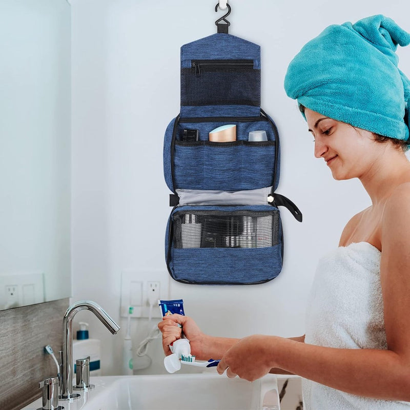 Toilettas, hangende toilettas voor dames, waterdichte reis-cultuurorganizer met stevige haak, compacte draagbare make-uptas voor dames en heren, badkameropbergtas, Donkerblauw, Hangende
