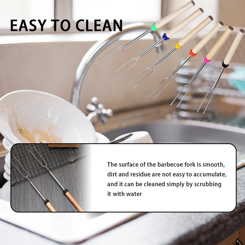 6 barbecuevorken, 1 roze olieborstel, telescopische barbecuespiesjes, roestvrijstalen stokken, barbecuestokken, intrekbare grillstokken, marshmallow grillstokken, geschikt voor kamperen, feest, tuin