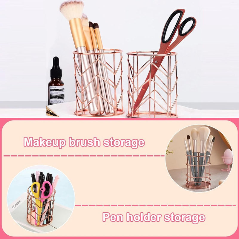 Set van 2 roségouden pennenhouder Mode opengewerkte ijzeren kunst schrijfinstrumentenhouder Make-upborstelhouder Make-upborstelhouder Potloodhouder Metalen pennenhouder Bureau (roze)