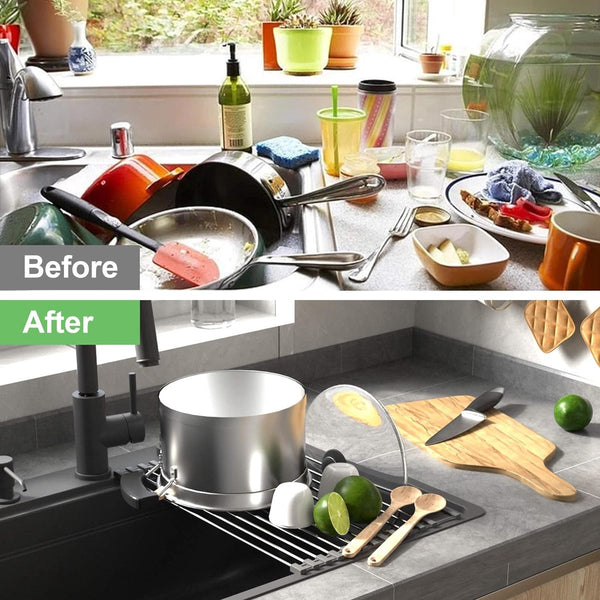 roestvrijstalen afdruiprek, opvouwbaar en afneembaar roestvrijstalen spoelbak, roldroogrek, roldroogrek, afvoergaasmand, 43 cm x 35 cm, grijs