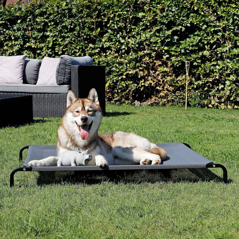 Outdoor hondenbed verhoogd, stabiel huisdierbed met goede luchtcirculatie beschermt tegen kou van de vloer, 117 x 85 cm, afneembare overtrek van ademend netweefsel, robuust metalen frame, grijs
