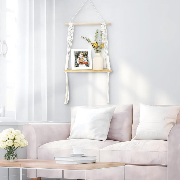1 stuks macramé wandrek, wandrek, hout, handgeweven zwevend rek voor wand-, woonkamer-, kantoor-, slaapkamerdecoratie.