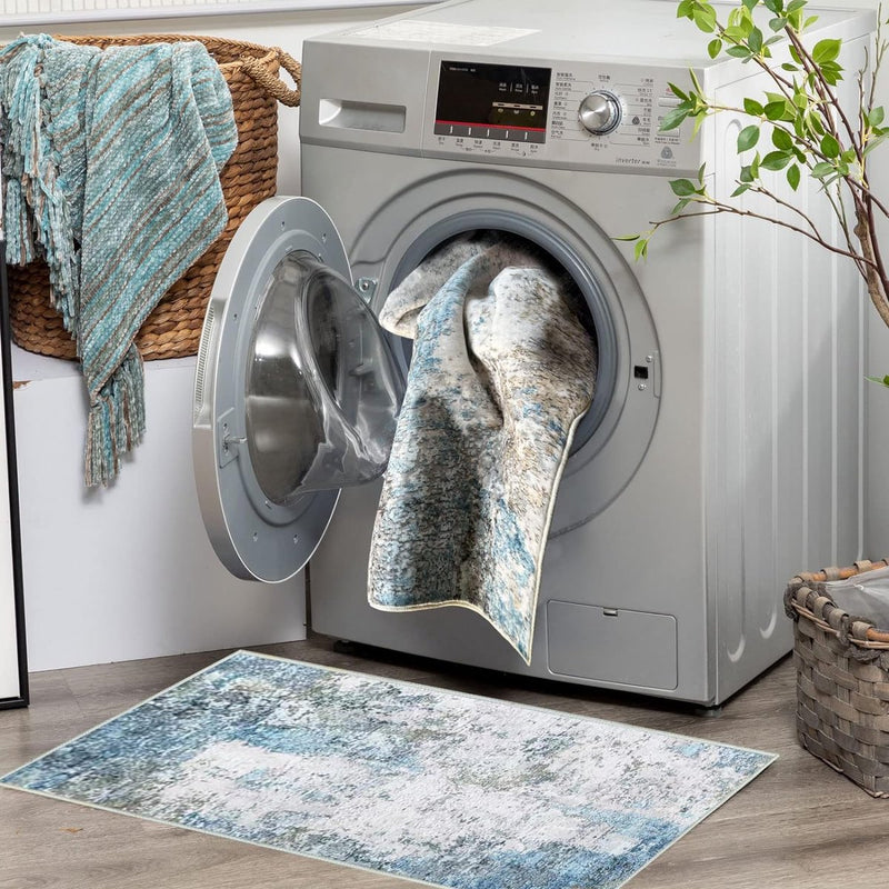 gangloper, antislip, voor gang, keuken en woonkamer, wasbaar, licht, lange loper (crème/blauw, 80 x 200 cm)