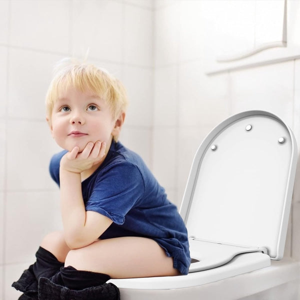 Toiletdeksel met kinderzitje, wc-bril met softclosemechanisme, wc-deksel met quick-release-functie, lost nooit los, gemakkelijk te reinigen, D-vorm, witte toiletbril met kinderen, familie