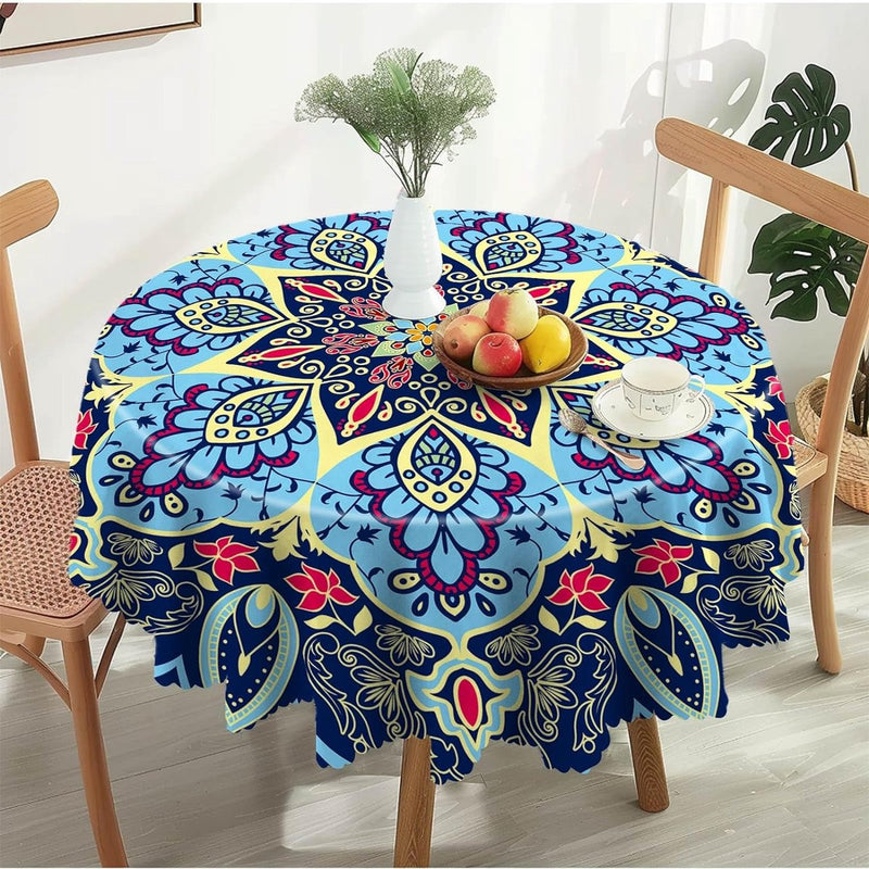 Tafelkleed rond, 150 cm, Boheems tafelkleed, herbruikbaar tafelkleed van polyester, vlekbescherming, afwasbaar, tafellinnen, waterdicht, rond tafelkleed voor feestjes, bruiloften, picknicks, tuinen
