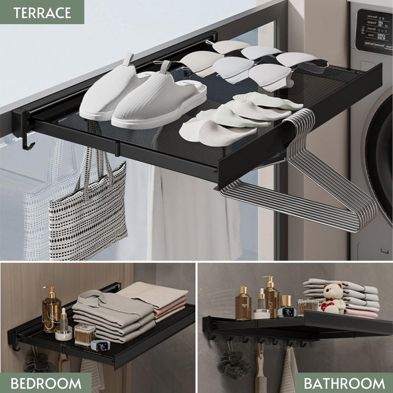 Wandgemonteerde waslijn, opvouwbare waslijn met intrekbaar droogrek voor terras, slaapkamer, keuken, compact aluminium. 44x4,7x2,2cm