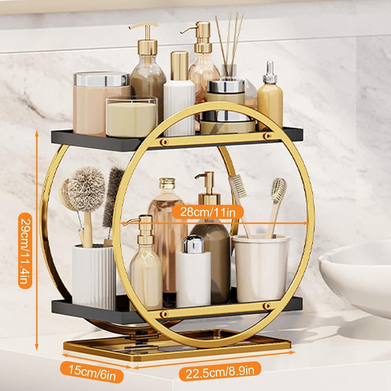 Organizer voor parfum, huidverzorging-organizer, grote inhoud, make-up vanity caddy, 2 niveaus cosmetica-display voor badkamer, organizer op het werkblad, goud