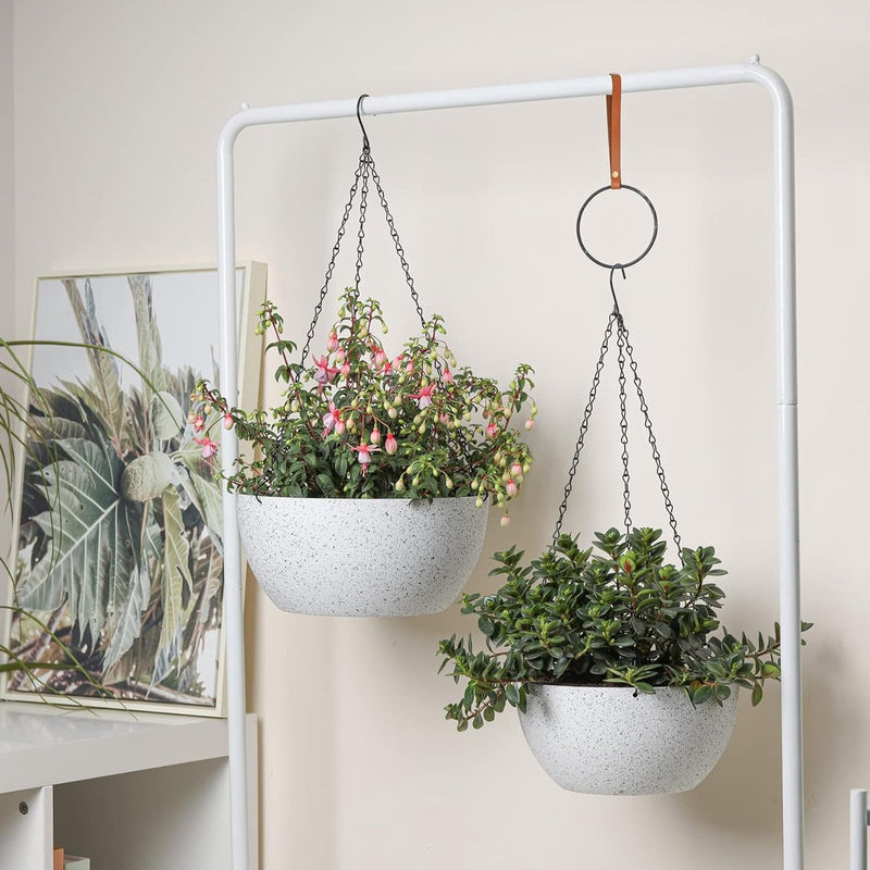 Bloempot, hangend, plastic, set van 2, diameter 25 cm, hangpot voor planten, wit, bloemenhanger met haak, rond, groot, voor binnen en buiten, decoratie, hangpot voor planten voor thuis, kantoor