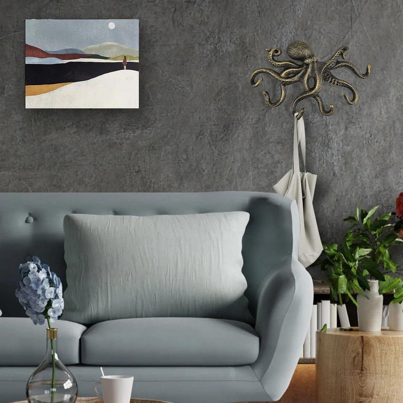 Oktopus garderobehaken, rustieke garderobehaken, gietijzeren wandhaken met schroeven, kledinghaken, om op te hangen, kleding, sleutels, hoeden, tassen, zwart-goud