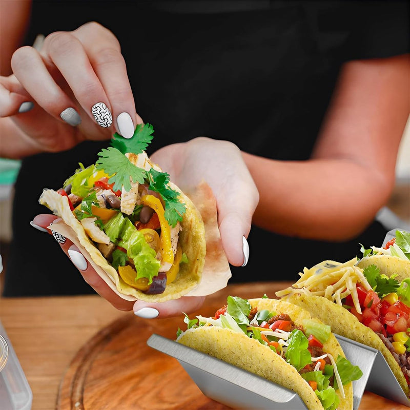 2-delige tacohouderset, hotdoghouder met 2 kruidenbekers, metalen tacoschelpen, duurzame Ttaco-schelpen, voor het maken van tacohouders