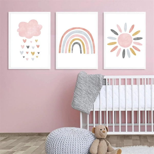 Set van 3 posters, regenboog, wolken, olifant, kinderkamer, decoratie, A4-afbeeldingen, set voor jongens en meisjes, babykamer, kinderfoto's (A)