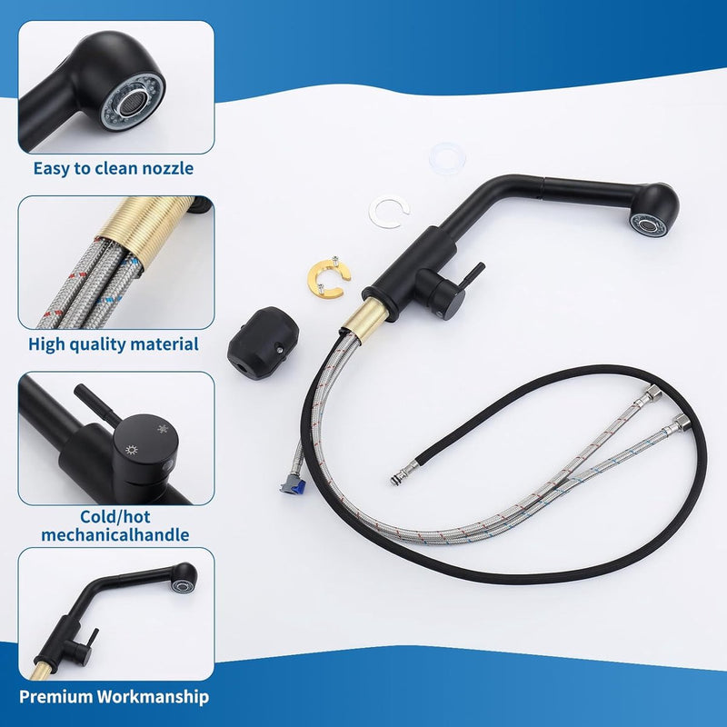 Wastafelarmatuur met uittrekbare sproeier, keukenkraan met 2 straalsoorten, 304 roestvrij staal, hogedruk mengkraan, 360° draaibaar, eengreepsmengkraan, zwart