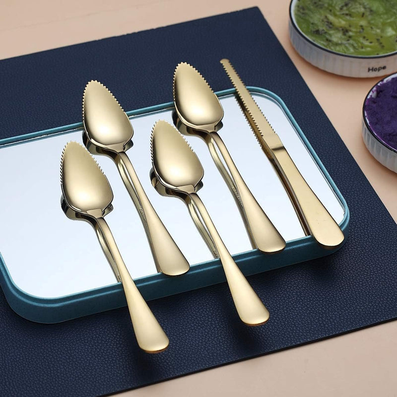 Gold Grapefruit Spoon Set of 5, 4 Stainless Steel Grapefruit Spoons and 1 Titanium Coated Grapefruit Knife, Grapefruit Utensil Set, Serrated Edge Spoons Pack of 5 (Gold)