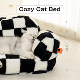 Kattenbed, wollig en zacht, kattenbankbed voor middelgrote en kleine honden/katten, schattig kattenbed met antislip onderkant, schaakbord