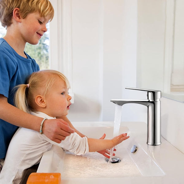 Kraan badkamerset, wastafelarmatuur chroom, warm en koud instelbaar, badkamerkraan waterbesparend met stop wastafel van roestvrij staal (de slangen zijn niet inbegrepen))