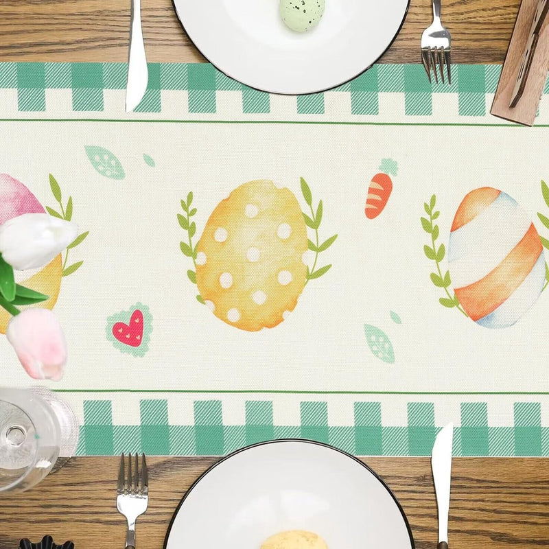 Tafelloper voor Pasen, paaseieren, konijnen, wortel, hazen, bloemen, paaseieren met haas, paasei-patroon, voor lente, paasfeest, tafeldecoratie voor binnen en buiten, eettafel, 183 x 33 cm