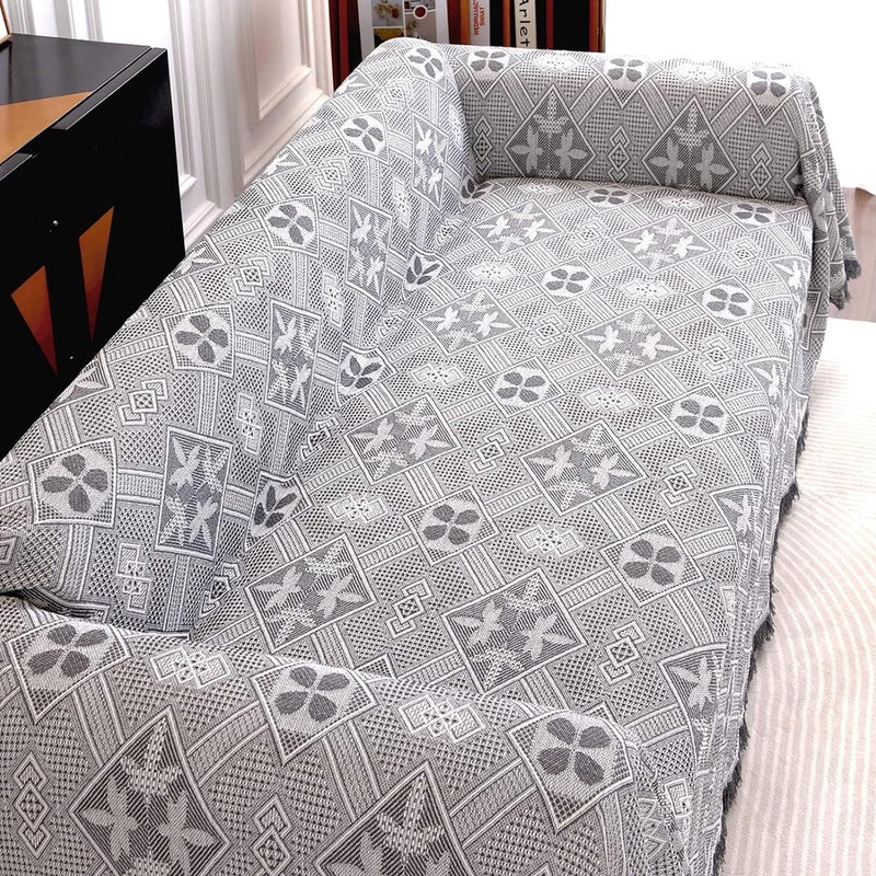 Grote banksprei voor 3-zitsbank met decoratieve kwastjes, dubbelzijdige bankhoes banksprei voor bank en bed, ruitpatroon met bladeren en bloemen - lichtgrijs, 180 x 300 cm