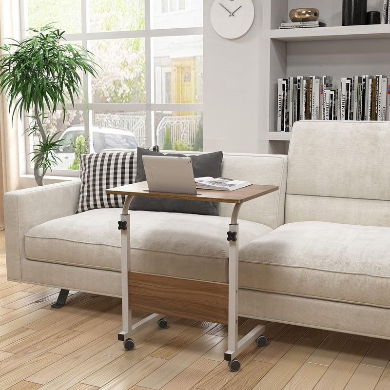 Laptoptafel, 60 x 40 cm, bijzettafel op wieltjes, bedtafel, in hoogte verstelbaar, pc-tafel met wieltjes, staande tafel, mobiele computertafels, klein bureau, desktop met groef, nachtkastje,