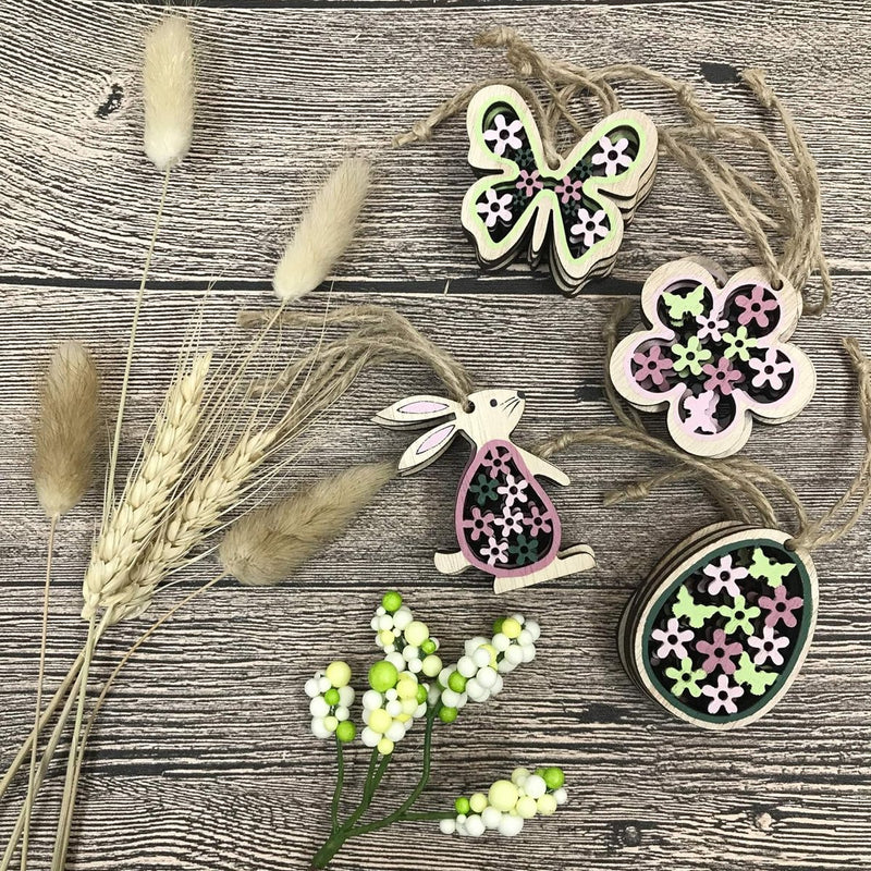 Set van 24 voorjaarsdecoratie hangers vlinders hazen eieren bloemen lente hanger van hout om op te hangen raamdecoratie raamhanger voor Pasen