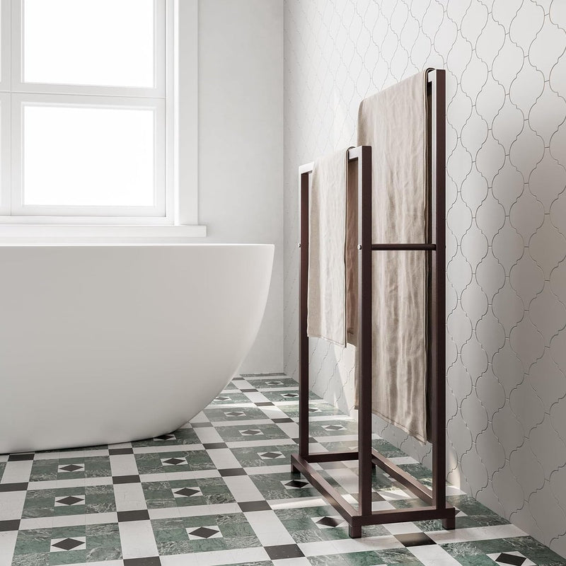 Handdoekenrek, handdoekenrek vrijstaand met 2 handdoekstangen, badkamer badhanddoekhouder staal, badkamer handdoekhouder, brons