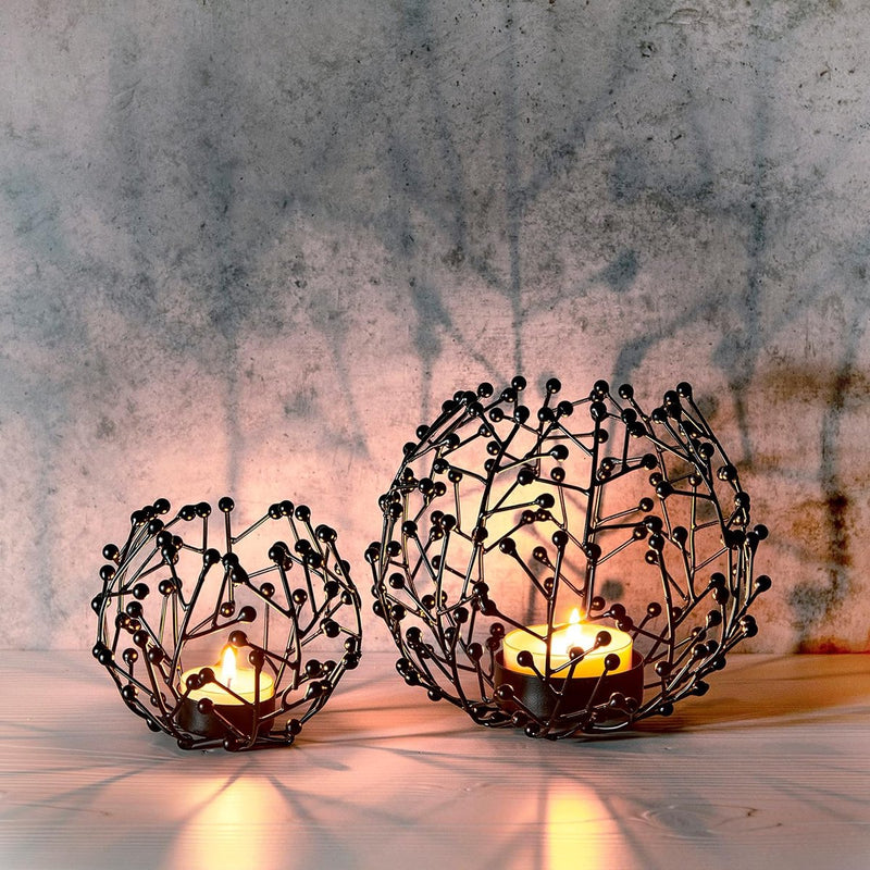Theelichthouder zwart metaal set van 2 - 9,5 en 14 cm hoog - ideale tafeldecoratie woonkamer - vensterbank - decoratie woning modern - kaarsen decoratieset
