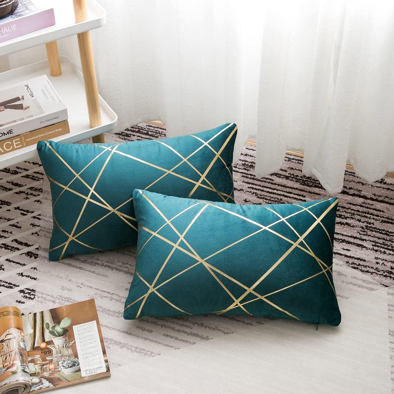 Set van 2 fluwelen kussenslopen, 30 x 50 cm, blauw-groen, geometrie, bronzen, sierkussen, kussenovertrek, bankkussen, decoratieve kussens, voor buiten, sierkussen, overtrek voor slaapkamer, bank, bed