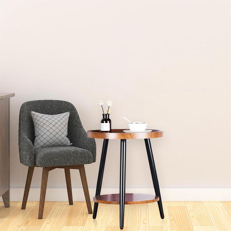 Bijzettafel met 2 planken, ronde salontafel met opbergruimte, 2-laags walnootkleurige MDF-banktafel met ronde planken, nachtkastje, houten tafel met stalen frame, 40 x 48cm (walnoot)