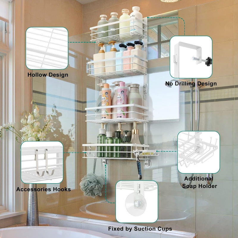 Doucheplank om op te hangen, doucheplank zonder boren, badkamerplank met 4 niveaus, badkamerplank, douchemand om boven de douchedeur te hangen met zeepbakje voor badkameropslag, wit