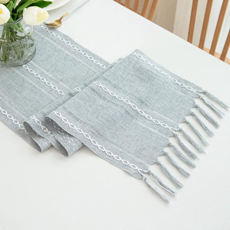 Tafelloper landhuisstijl grijs boho tafel loper met kwastjes rustieke table runner, 32x228 cm, lichtgrijs
