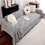 Grote banksprei voor 3-zitsbank met decoratieve kwastjes, dubbelzijdige bankhoes banksprei voor bank en bed, ruitpatroon met bladeren en bloemen - lichtgrijs, 180 x 300 cm