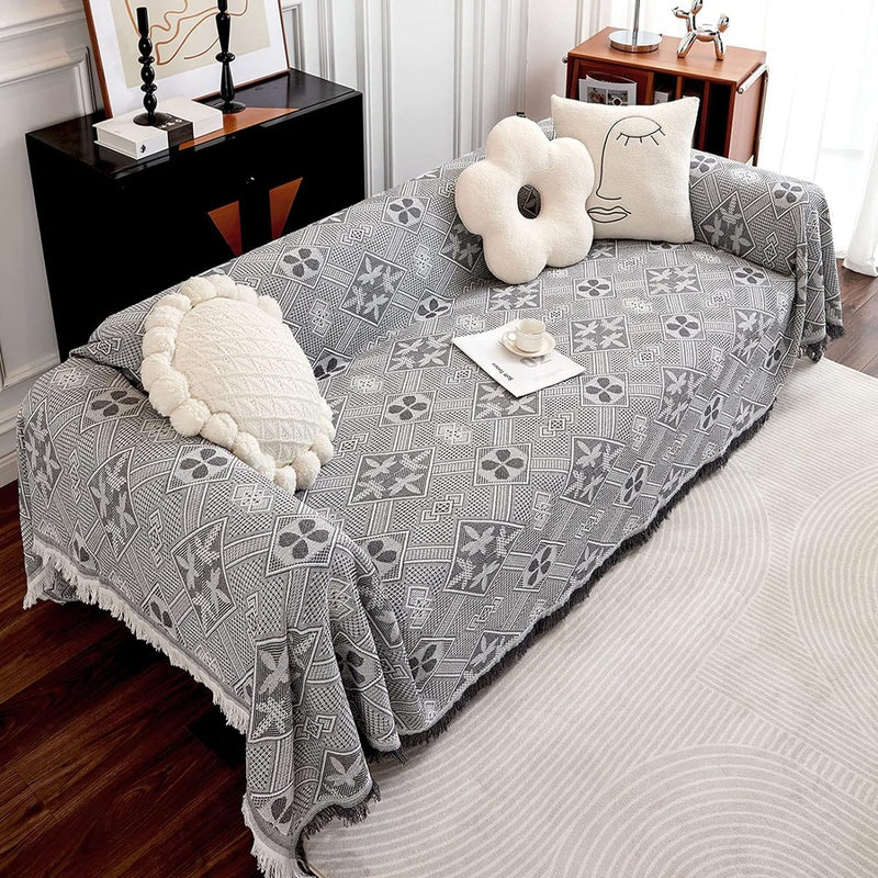 Grote banksprei voor 3-zitsbank met decoratieve kwastjes, dubbelzijdige bankhoes banksprei voor bank en bed, ruitpatroon met bladeren en bloemen - lichtgrijs, 180 x 300 cm