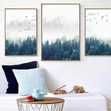 Designposters, 3-delig, bos en vogels in de mist, zonder lijst, decoratie