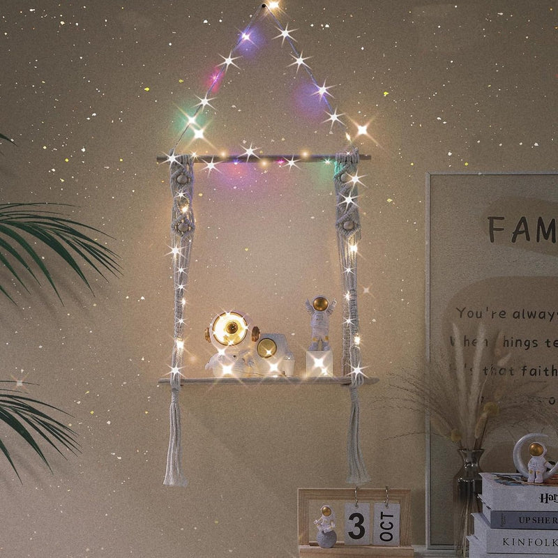 Wandplank Houten Boheemse Wandplank Handgemaakte Macrame Wanddecoratie met LED-verlichting Geschikt voor Woonkamer Wanddecoratie Kamerdecoratie