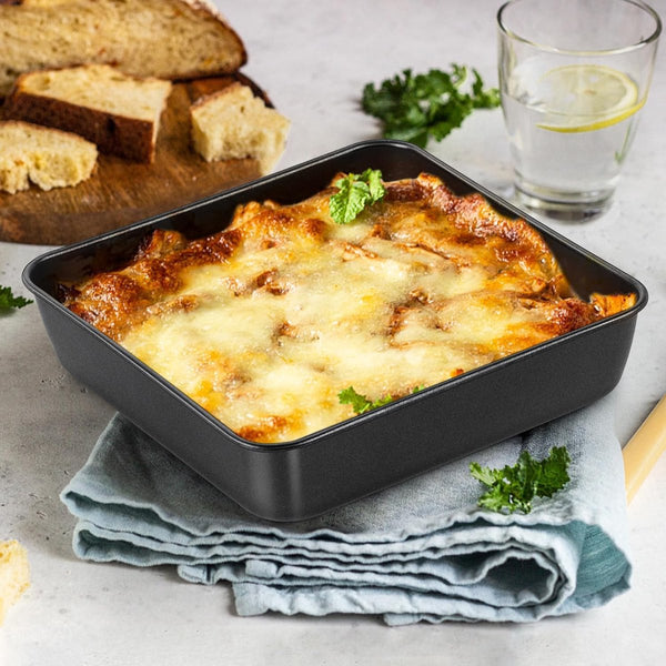Vierkante taartvorm, roestvrijstalen ovenschaal met luchtdicht deksel, anti-aanbaklaag, rechthoekig, perfect voor lasagne/brownie/cake, gezond en gemakkelijk te reinigen, 21 x 21 x 5 cm