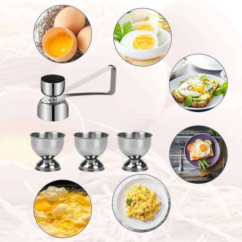 Set van 6 eierdopjes Grappige eierdopjesset Eieropener Eierdopjesset Eierstandaard Eierhouder met roestvrijstalen eieropener Eiersnijder Eierhopper Plastic scheidingsteken voor bakken, ontbijt, dessert