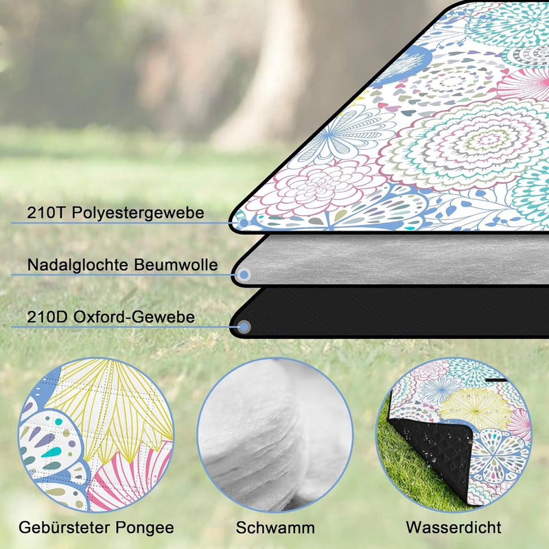 Waterdichte picknickdeken, 200 x 200 cm grote stranddeken, zandvrij met waterdichte onderkant, draagbare strandmat voor 4-6 personen, campingdeken met draaggreep voor park, tuin, strand, buiten