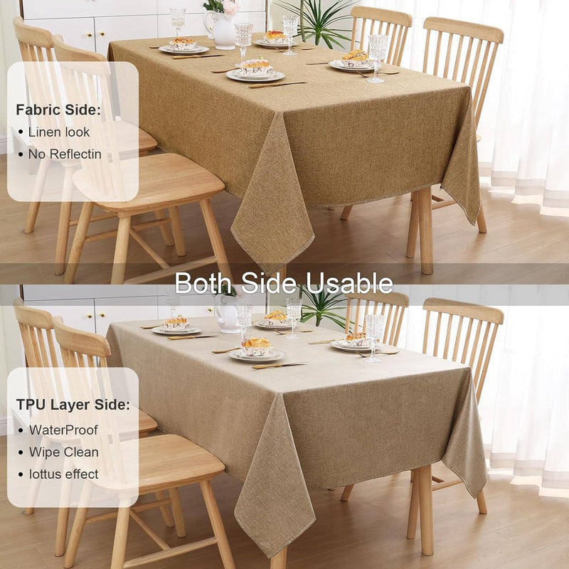Tafelkleed in linnenlook, afwasbaar, lotuseffect, rechthoekig, 140 x 140 cm, tafelzeil, waterafstotend, tafellinnen, vlekbescherming, lichtbruin