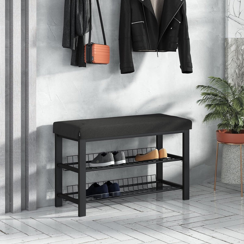 Stabiel schoenenrek met zitbank, ruimtebesparende schoenenbank met 2 roosterplanken, 81 x 50 x 32 cm, mooi gevormde schoenenkast voor hal, woon- en slaapkamer met bescherming tegen krassen op
