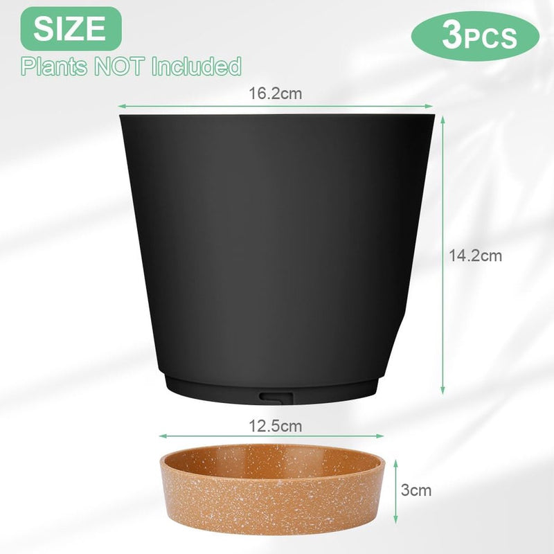 Bloempot van kunststof, 3 stuks, bloempot met schotel, plantenpot, zelfwatergevend, 16,5 x 17 cm, met 20 plantenlabels, bloempot met bewateringssysteem voor kamer- en balkonplanten