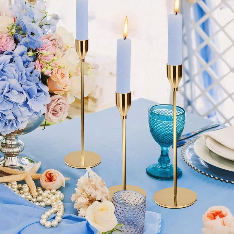 Kaarshouder, kaarshouder, gouden kaarslicht taper kaars, decoratieve kaarshouder van hoog metaal voor feest, bruiloft, diner, kerstdecoratie, 3 stuks