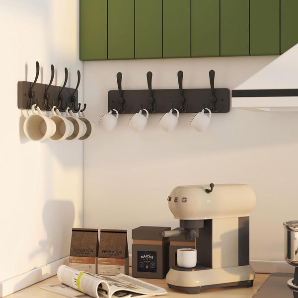 Garderobehaken, kapstok met 4 drievoudige haken in zwart, 42 cm, wandgarderobe voor mantels, jassen, hoeden, tassen, voor hal, garderobe, badkamer, zwart