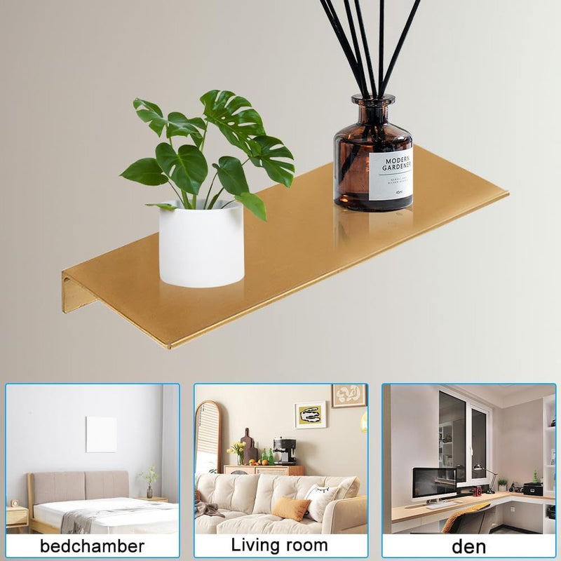 Wandplank, goudkleurig metaal, wandrek met schroeven, 2 stuks, aluminium, wandplank, zwevend rek, klein, voor badkamer, slaapkamer, keuken, decoratieve fotolijst