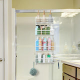 Doucheplank om op te hangen, doucheplank zonder boren, badkamerplank met 4 niveaus, badkamerplank, douchemand om boven de douchedeur te hangen met zeepbakje voor badkameropslag, wit