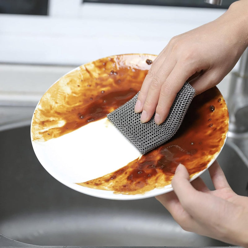 Gietijzeren reinigingsketting fijne ring 316 roestvrij staal schuursponsje - ingebouwde siliconen met gelaste ringen voor gietijzeren pot BBQ-servies