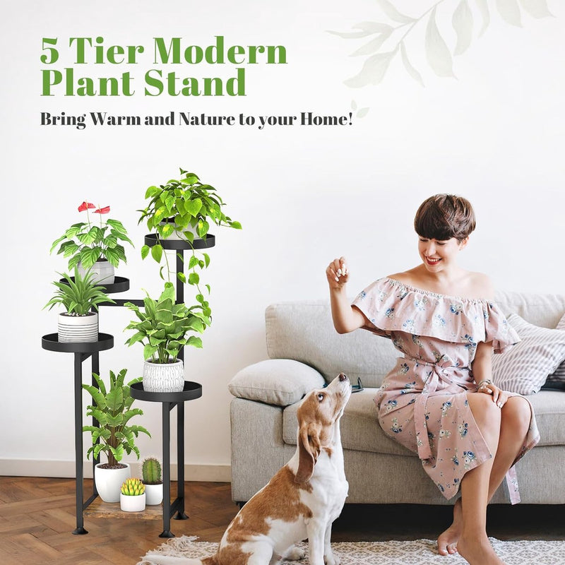 Plantenstandaard met 5 etages, hout, metaal, voor binnen en buiten, hoek bloemenstandaard, plantenrek voor meerdere planten, modern bloemenrek voor terras, tuin, balkon, woonkamer (zwart)