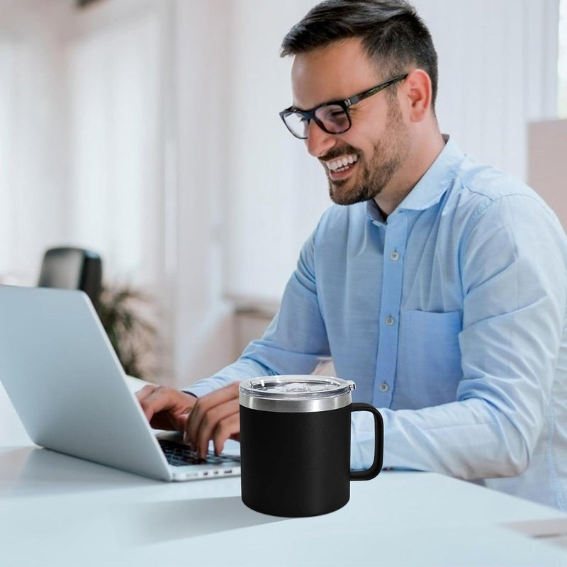 Roestvrijstalen thermosbeker met deksel, 470 ml, dubbelwandig, met handvat, lekvrij, campingbeker, reisbeker, bierpul, BPA-vrij